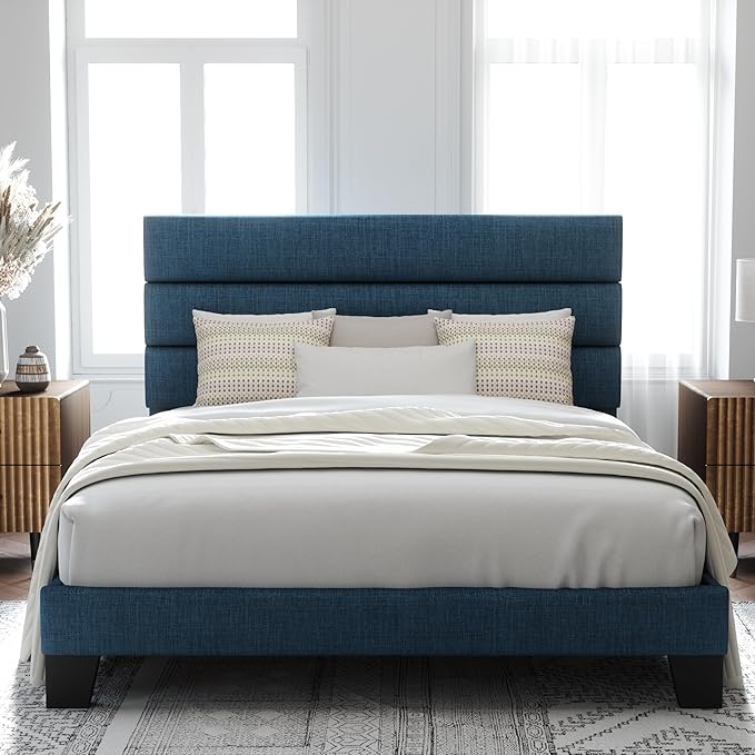 Allewie Full Size Platform Bed Frame with Fabric Upholstered Headboard Blue | Wooden Slats Support, Fully Upholstered Mattress Foundation, No Box Spring Needed, Easy Assembly, Noise-Free, Blue