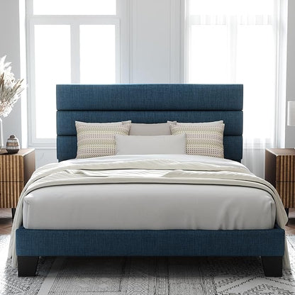 Allewie Full Size Platform Bed Frame with Fabric Upholstered Headboard Blue | Wooden Slats Support, Fully Upholstered Mattress Foundation, No Box Spring Needed, Easy Assembly, Noise-Free, Blue