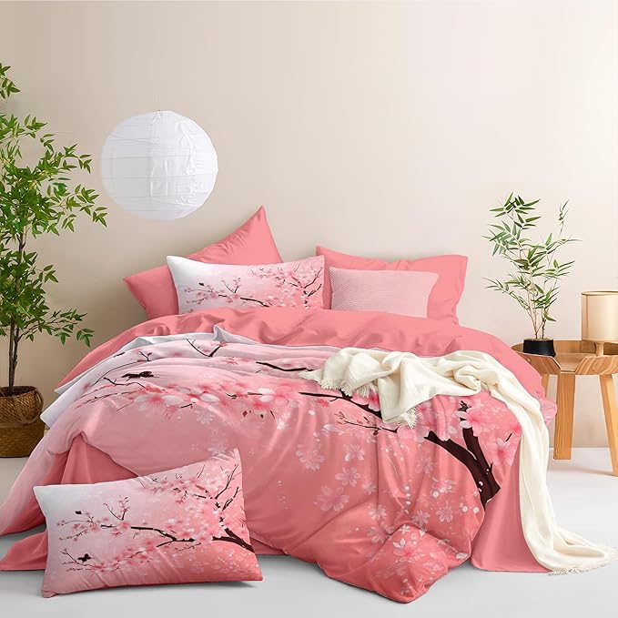 Pink Floral Comforter Set Queen Size Cherry Blossom Bedding Set for Women Girls Japanese Flower Decor Quilt Set - 3Pcs Soft Fluffy Microfiber with 2 Pillowcases(90 * 90)