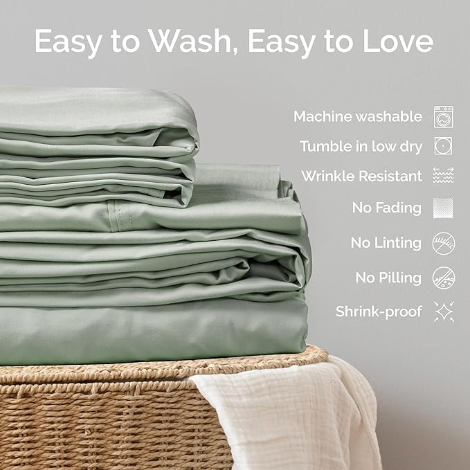 Viscose Bamboo Twin XL Sheets 3PC Set - Extra Long - Cooling Bedding for Hot Sleepers with Moisture Wicking Technology - Silky Soft 16 Inch Deep Pocket, Sage - 38" x 80"
