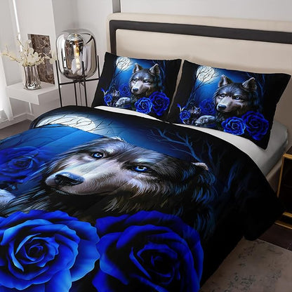 Wolf Bedding Set King Size,Blue Rose King Size Comforter Set,King Size Wolf Comforter Bed Set,King Quilt Bedding Set Rose,Wolf Bedding Set King Size Animal Print Comforter Set