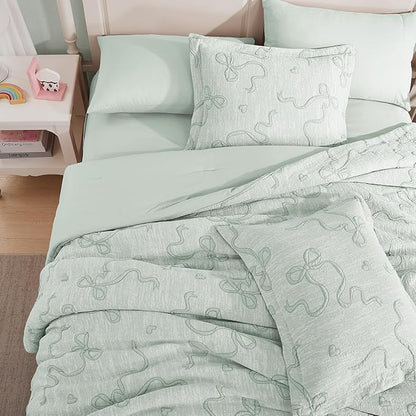 Geniospin Light Green Twin Comforter Set for Girls- 5 Pieces Bowknot Jacquard Bed in A Bag Twin Bedding Sets with Sheets, Pillowcases & Shams, All Season Kids Comforter Set