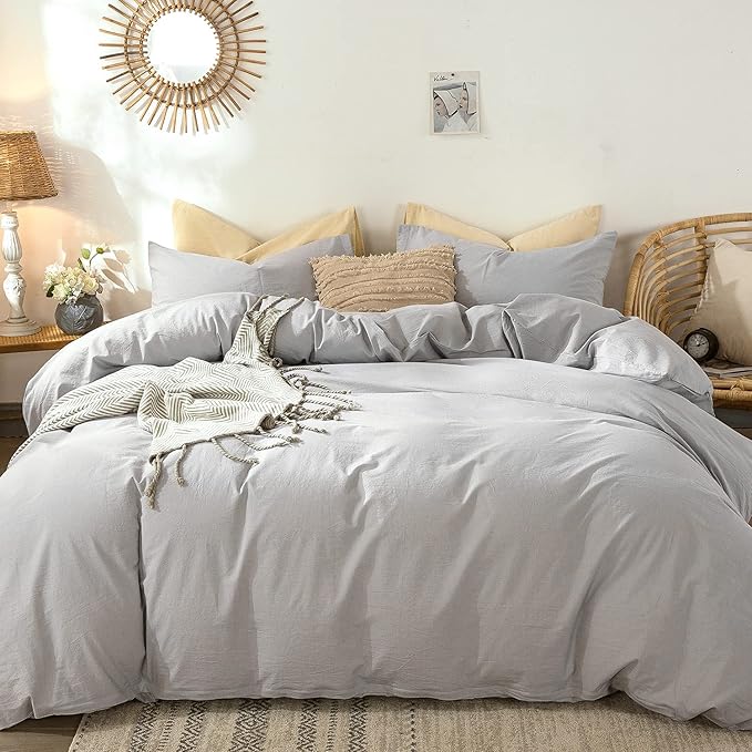 MooMee Bedding Duvet Cover Set 100% Washed Cotton Linen Like Textured Breathable Durable Soft Comfy (Lavender Grey, Queen)