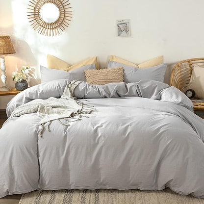 MooMee Bedding Duvet Cover Set 100% Washed Cotton Linen Like Textured Breathable Durable Soft Comfy (Lavender Grey, Queen)