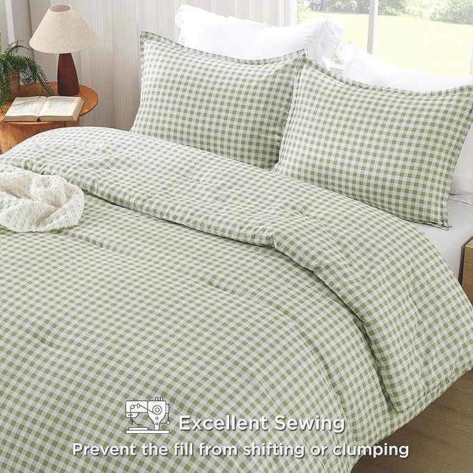 Andency Sage Gingham Comforter Set Full(79x90Inch), Green Checkered Grid Plaid Buffalo Bed Set for Girls Boys Kids Teens, 3 Pieces Lightweight Polyester Geometric Preppy Bedding