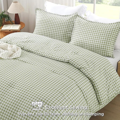 Andency Sage Gingham Comforter Set Full(79x90Inch), Green Checkered Grid Plaid Buffalo Bed Set for Girls Boys Kids Teens, 3 Pieces Lightweight Polyester Geometric Preppy Bedding