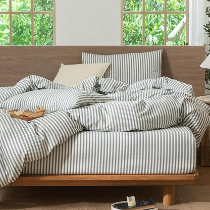MooMee Striped Duvet Cover Set 100% Washed Cotton Linen Like Textured Breathable Durable Soft Comfy (Heathered Green Classic Stripes, Oversized King Plus 128"x120")