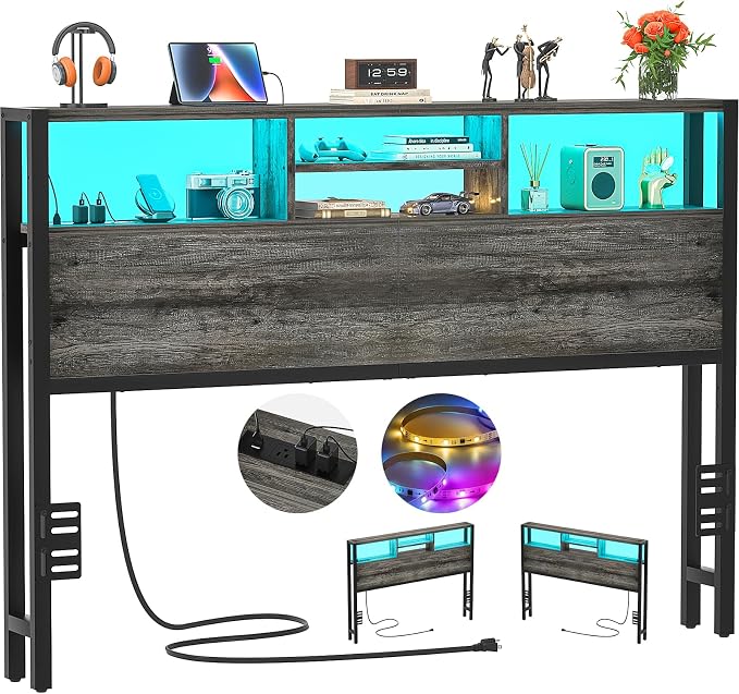 Aheaplus Headboard for Queen Size Bed with Storage, Headboards with Outlets, USB Ports and LED Light, Queen Size Head Board Only, Height Adjustable, Reversible, Sturdy and Stable Headboard, Black Oak