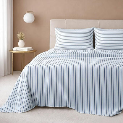 California Design Den Printed Striped Sheets Twin Size Bed Set - 600 Thread Count Sateen, Premium 100% Cotton Sheets with Deep Pockets - Classic Blue Stripe Print