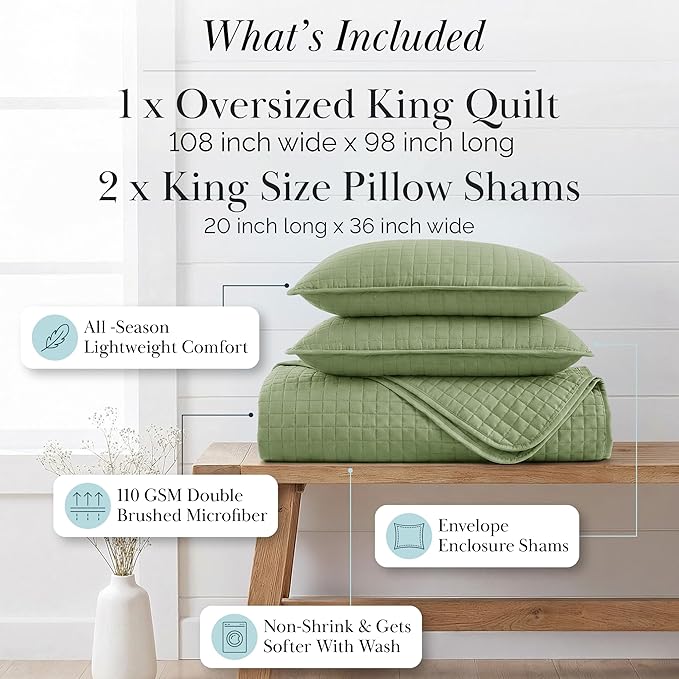 Southshore Fine Living, Inc. Oversized King Quilt Bedding Set, Pet Hair Resistant Bedding, Microfiber Lightweight Bedspread, California King Coverlet Set w/2 Pillow Shams, Sage Green Quilt