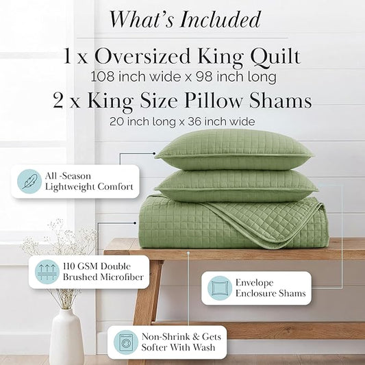 Southshore Fine Living, Inc. Oversized King Quilt Bedding Set, Pet Hair Resistant Bedding, Microfiber Lightweight Bedspread, California King Coverlet Set w/2 Pillow Shams, Sage Green Quilt