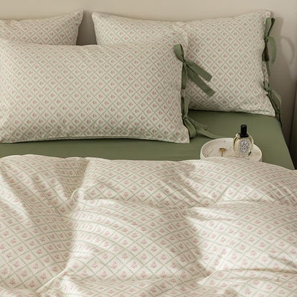 VM VOUGEMARKET Red Flower Duvet Cover Full,100% Cotton Bedding Set,Green Plaid Grid Comforter Cover with Zipper Closure,80x90 Inch