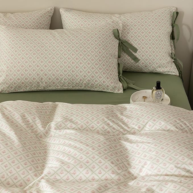 HighBuy Vintage Floral Comforter Set King Size Cozy Fluffy Pink Flower Grids Print Comforter with 2 Bowknot Bow Tie Pillowcases Farmhouse Chic Coquette Aesthetic Bedding Comforter Set