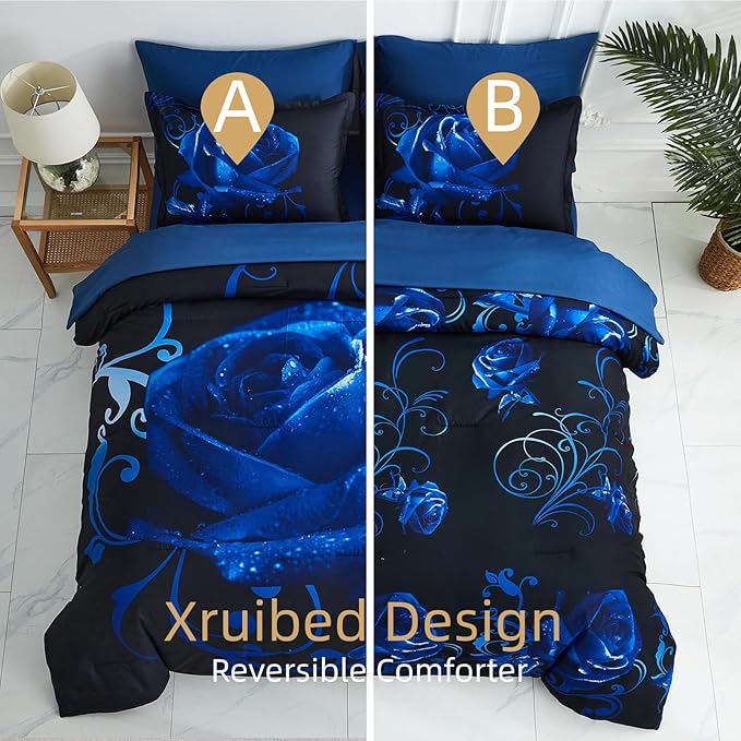 Xruibed Blue Comforter Set Queen 7 Piece Bed in a Bag Blue Rose Comforter with Sheet Set Soft Micorfiber Reversible Bedding Set (1 Comforter,2 Pillow Shams,1 Flat Sheet,1 Fitted Sheet,2 Pillowcases)