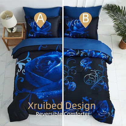Xruibed Blue Comforter Set Queen 7 Piece Bed in a Bag Blue Rose Comforter with Sheet Set Soft Micorfiber Reversible Bedding Set (1 Comforter,2 Pillow Shams,1 Flat Sheet,1 Fitted Sheet,2 Pillowcases)