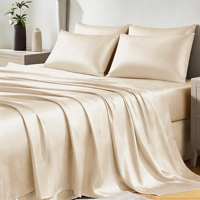 CozyLux Satin Sheets Queen Size Bed Set - 6 Piece Silky Queen Sheet Set, Luxury Champagne Queen Sheets with Smooth and Soft Microfiber, Includes 1 Fitted Sheet, 1 Flat Sheet and 4 Pillowcases