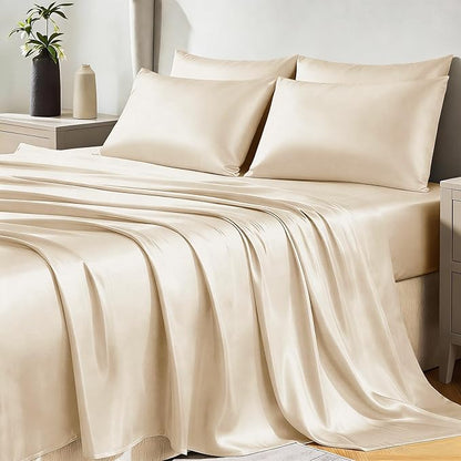 CozyLux Satin Sheets King Size Sheet Set - 6 Piece Silky King Sheets, Luxury Champagne King Bed Set with Smooth and Soft Microfiber, Includes 1 Fitted Sheet, 1 Flat Sheet and 4 Pillowcases