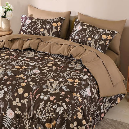 Yiran Brown Comforter Set King Size, 7 Piece Floral Comforter Bedding Set, Farmhouse Bed in a Bag, Soft Microfiber Complete Bedding Set with Sheets for All Season