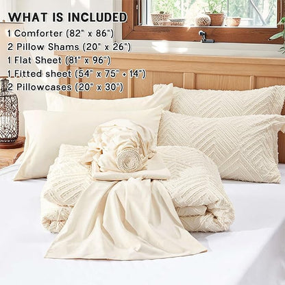 Zzlpp Full Comforter Set 7 Pieces, Cream Tufted Bed in a Bag with Comforter and Sheets, All Season Boho Bedding Sets with 1 Comforter, 2 Pillow Shams, 2 Pillowcases, 1 Flat Sheet, 1 Fitted Sheet