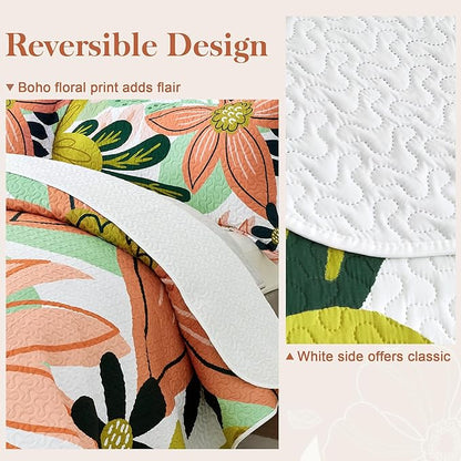 3 Piece Boho Floral King Size Quilt Sets Farmhouse Reversible Lightweight Bedspread Coverlet with 2 Shams Mid Century Botanical Leaves Microfiber Bedding Quilts Set for All Season, 106''x96''