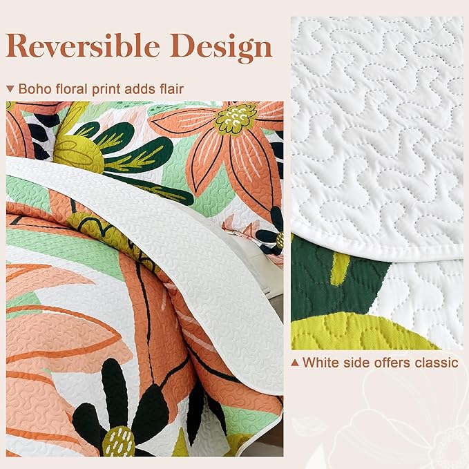 3 Piece Boho Floral Full/Queen Quilt Sets Farmhouse Reversible Lightweight Bedspread Coverlet with 2 Shams Mid Century Botanical Leaves Microfiber Bedding Quilts Set for All Season, 90''x96''
