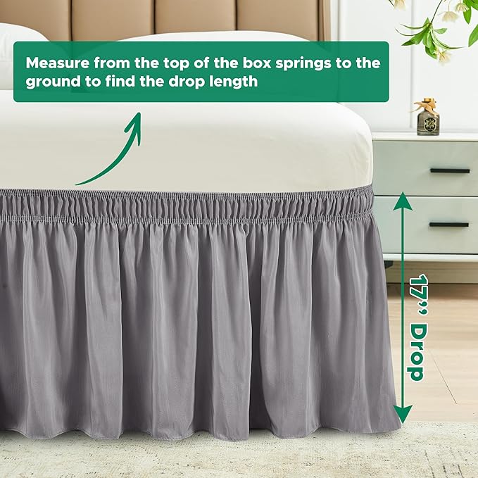 Biscaynebay Wrap Around Bed Skirts for King & Cal King Beds 17" Long Drop, Silver Grey Elastic Dust Ruffles Easy Fit Wrinkle & Fade Resistant Silky Luxurious Fabric Solid Machine Washable