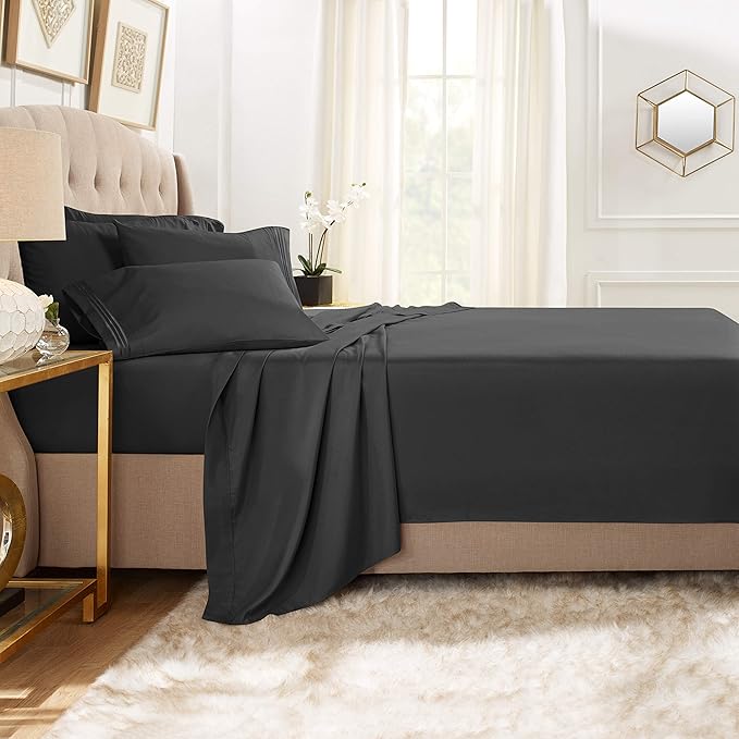 Clara Clark Queen Sheets, 6 Piece Set - Hotel Luxury Sheets for Queen Size Bed, Super Soft Bedding Set, Black