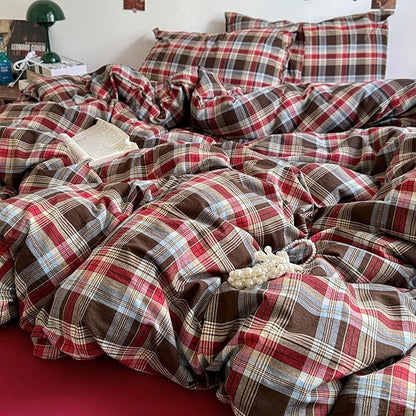 VM VOUGEMARKET Red Brown Plaid Duvet Cover Set King,3 Pieces Washed Cotton Bedding Set,Breathable Luxury Checkered Duvet Cover with 2 Pillowcases