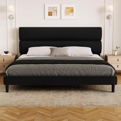 GRUSIGN King Size Platform Bed Frame with Velvet Headboard, Adjustable Height Wooden Slats Support, Upholstered Mattress Foundation, Fits Mattress or Mattress with Box Spring, Easy Assembly, Black