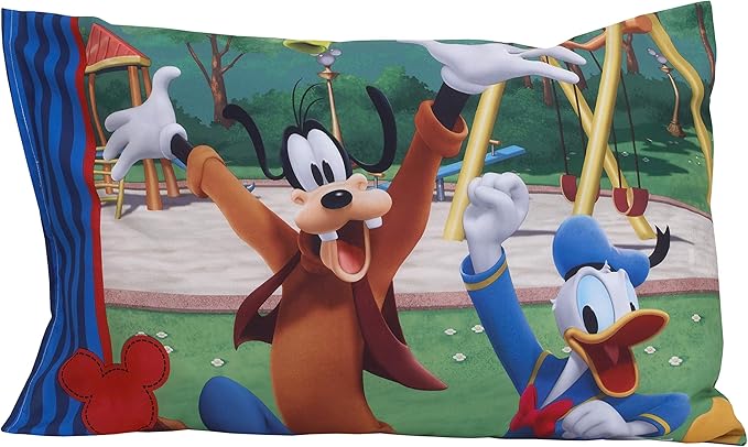 Disney Mickey's Big Adventure Blue, Red, Yellow & Green 4Piece Toddler Bed Set - Comforter, Fitted Bottom Sheet, Flat Top Sheet, Reversible Pillowcase, Blue, Red, Yellow, Green