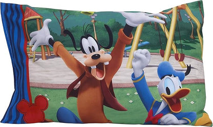 Disney Mickey's Big Adventure Blue, Red, Yellow & Green 4Piece Toddler Bed Set - Comforter, Fitted Bottom Sheet, Flat Top Sheet, Reversible Pillowcase, Blue, Red, Yellow, Green