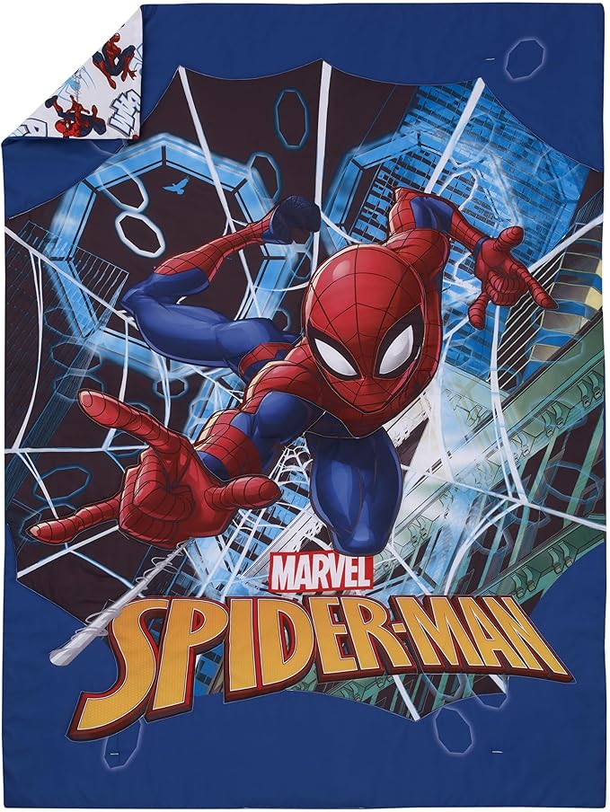 NoJo Marvel Spiderman to The Rescue Red, White, and Blue 4 Piece Toddler Bed Set - Comforter, Fitted Bottom Sheet, Flat Top Sheet, and Reversible Pillowcase