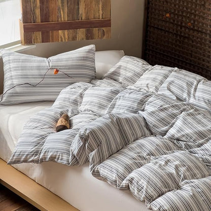 EAVD Retro Grey White Striped Duvet Cover Twin Soft 100% Washed Cotton Reversible Striped Bedding Set with 2 Pillowcases Farmhouse Geometric Pattern Duvet Cover with Zipper Closure