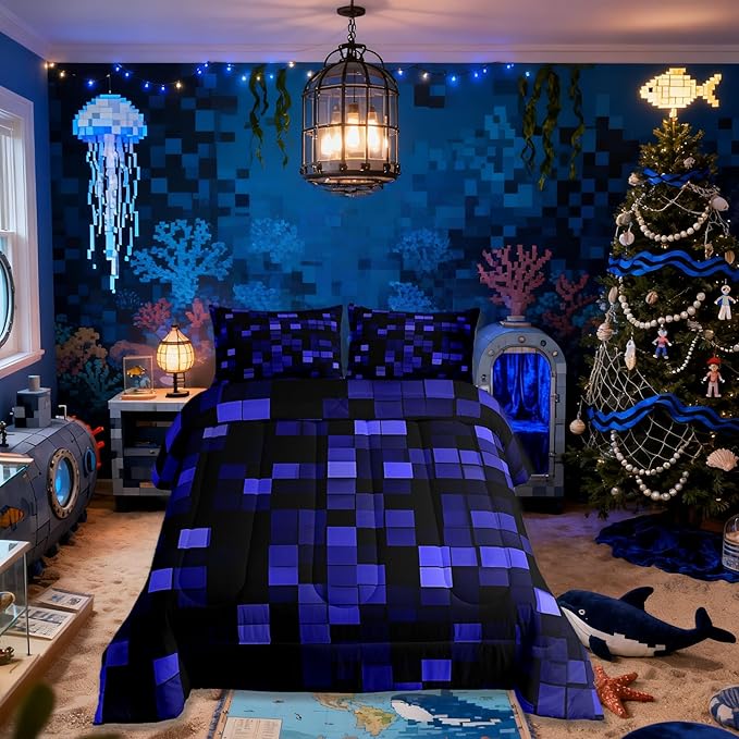Pixelated Miners Game Kids Bedding Set King Size,Video Games Cartoon Gamepad Comforter Set，Modern Geometric Check Quilt Comforter,Dark Blue Bedroom Duvet Insert,2 Pillowcases