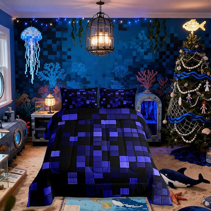Pixelated Miners Game Kids Bedding Set King Size,Video Games Cartoon Gamepad Comforter Set，Modern Geometric Check Quilt Comforter,Dark Blue Bedroom Duvet Insert,2 Pillowcases