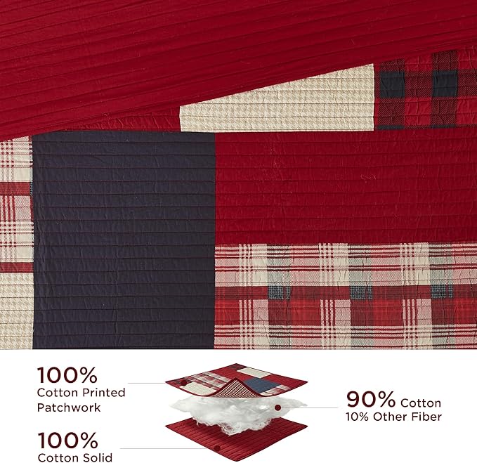 Woolrich Sunset Reversible Quilt Set - Cottage Styling Reversed to Solid Color, All Season Lightweight Coverlet, Cozy Bedding Layer, Matching Shams, Oversized King/Cal King, Plaid Red 3 Piece
