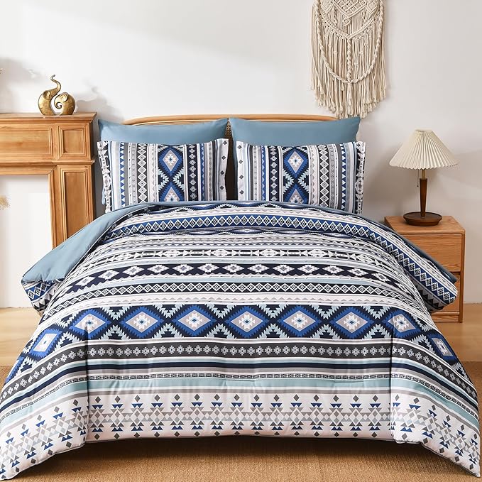 Dinjoy Boho King Size Bed in A Bag 7 Pieces,Navy Blue Comforter Set Aztec Striped Fall Bedding Set Bohemian Complete Set Geometric Comforters for Women Men 90"×104"