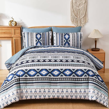 Dinjoy Boho King Size Bed in A Bag 7 Pieces,Navy Blue Comforter Set Aztec Striped Fall Bedding Set Bohemian Complete Set Geometric Comforters for Women Men 90"×104"