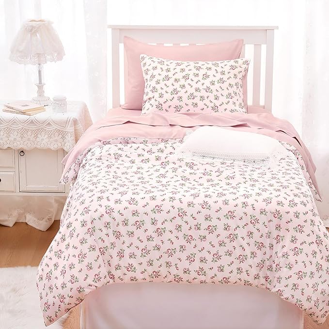Wake In Cloud - Coquette Duvet Cover Set, Floral Cottagecore Flower Shabby Chic Cute Aesthetic, Soft Lightweight Bedding for Women Teen Girls, 3-Piece, Pink, Twin/Twin XL Size