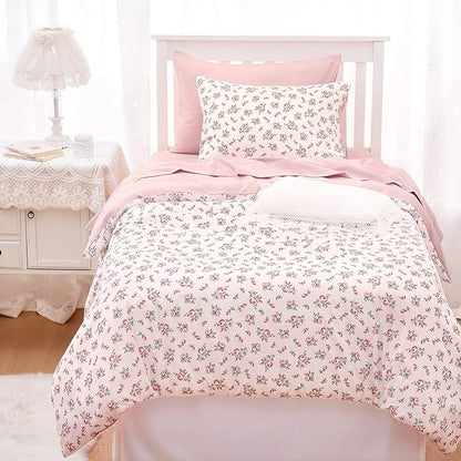 Wake In Cloud - Coquette Duvet Cover Set, Floral Cottagecore Flower Shabby Chic Cute Aesthetic, Soft Lightweight Bedding for Women Teen Girls, 3-Piece, Pink, Twin/Twin XL Size