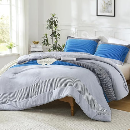 Litanika Blue California King Comforter Set - 3 Pieces Cal King Oversized Lightweight Summer Gray Blue Colorblock Stripe Bedding Set (104x96In, 2 Pillowcases)