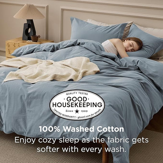 Bedsure 100% Washed Cotton Duvet Cover King Size - Dusty Blue Minimalist Bedding Set Linen Like - PureWoven Plain Simple & Soft Comforter Cover for All Seasons (Dusty Blue, King, 104"x90")