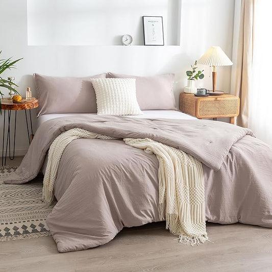 COTTEBED Ultra-Soft Queen Bedding Comforter Sets Bed, All Seasons Use Light Weight with Warm Fluffy Washable Cotton Microfiber,1 Bed Down Alternative Comforter & 2 Pillow Sham (Queen/Full Beige Brown)