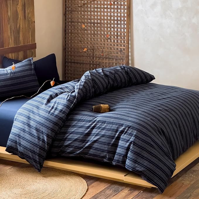 EAVD Retro Striped Duvet Cover Twin Navy Blue Soft 100% Washed Cotton Reversible Stripes Pattern Bedding Set with 2 Pillowcases Farmhouse Geometric Pattern Duvet Cover with Zipper Closure