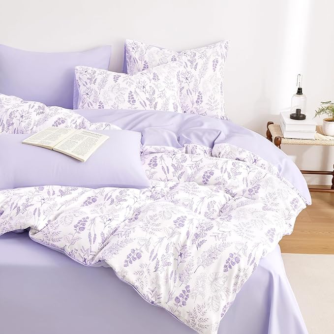 Wake In Cloud - Floral Duvet Cover Set, Botanical Vintage Flower Coquette Cottagecore Aesthetic for Women Teen Girls, Soft Lightweight Bedding, 3-Piece, Lilac, Full Size