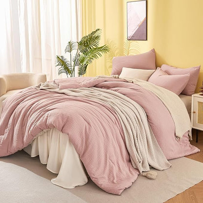 King Size Comforter Set Dusty Rose - Double-Layer Crinkle Gauze Bed Set, 3 Pieces Soft Bedding Set for All-Season, Lightweight Warmth with 2 Pillowcases