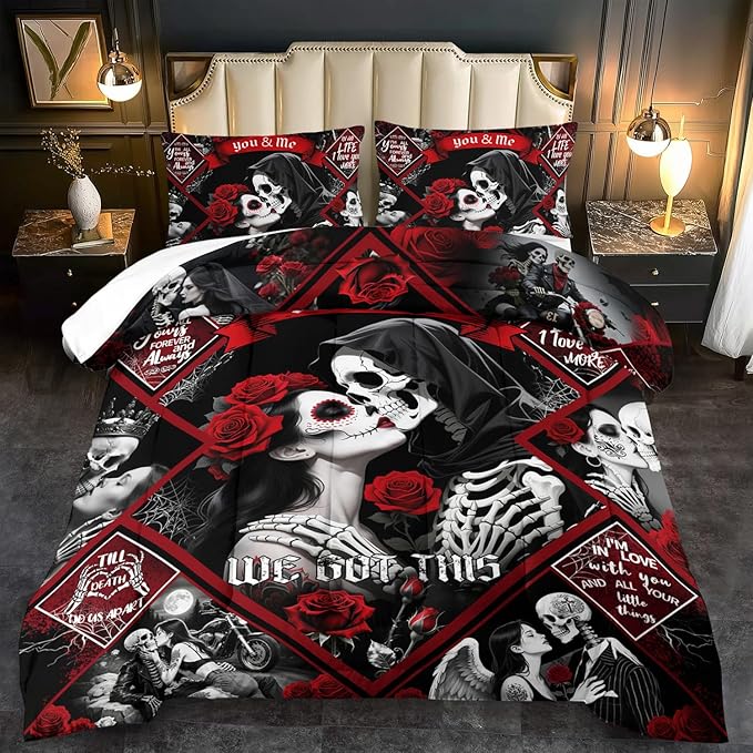 Red Skull Comforter Set King Size Women Men Black Goth Bedding Set Girls Gothic King Size Comforter Couple Red Rose Couple Bedding Boho Skull Quilt Bedroom Decor