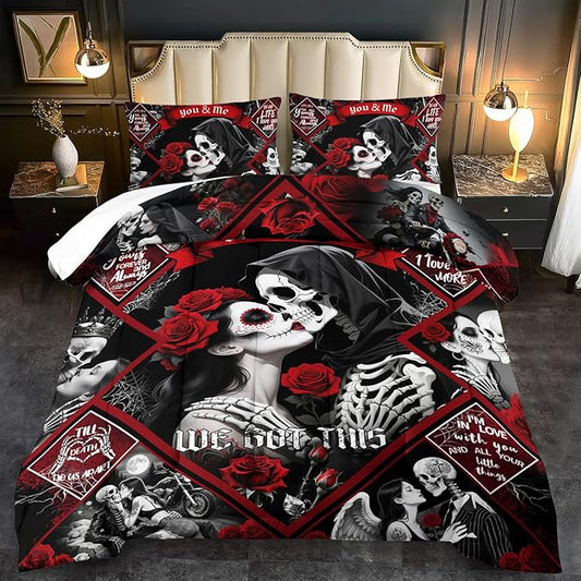 Red Skull Comforter Set Full Size Women Men Black Goth Bedding Set GirlsGothic Full Size Comforter Couple Red Rose Couple Bedding Boho Skull Quilt Bedroom Decor