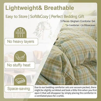 EAVD Vintage Gingham Comforter Set Twin XL Soft 100% Washed Cotton Green Yellow Grid Plaid Comforter Set 3-Piece Retro Grid Checkered Bedding Set with 2 Pillowcases Gingham Bedding Set for All-Season