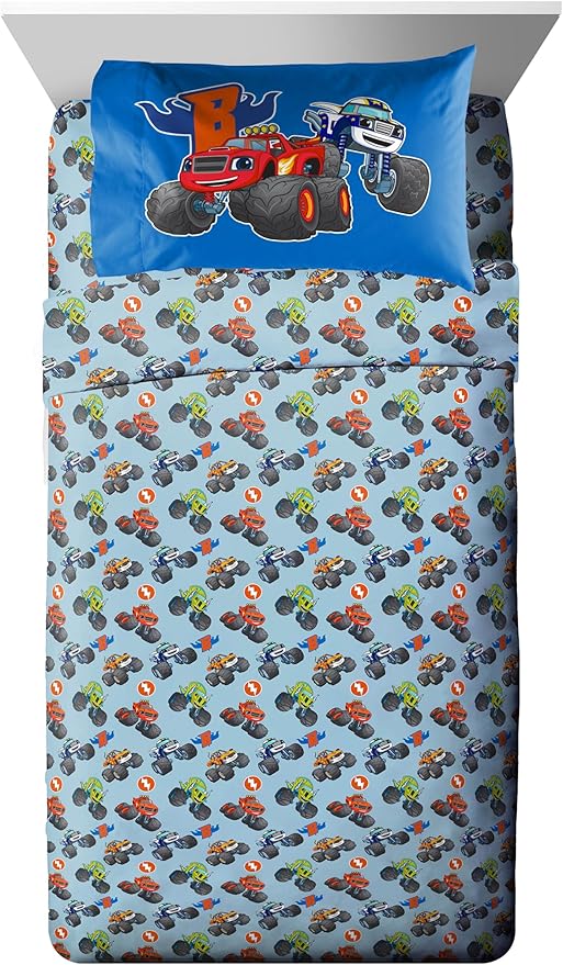 Jay Franco Kids Comforter Set Includes Sheets and Pillow Covers - Soft and Cozy Bed Set for Stylish Room Decor, Blue - Blaze and The Monster Machines, 5 Piece Twin Size Bedding